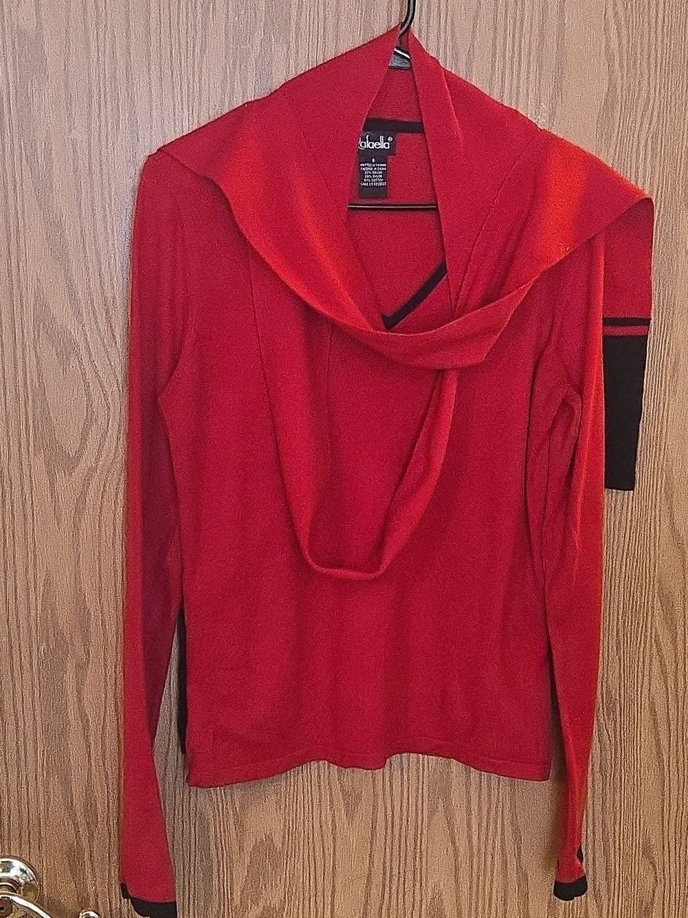 Rafaella Red Draped Cowl Neck Sweater with Black Trim